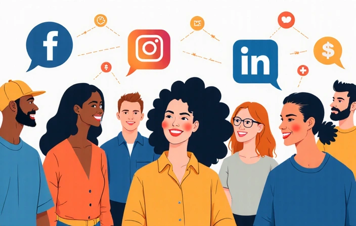 Grupo de personas interactuando en redes sociales con logos de plataformas